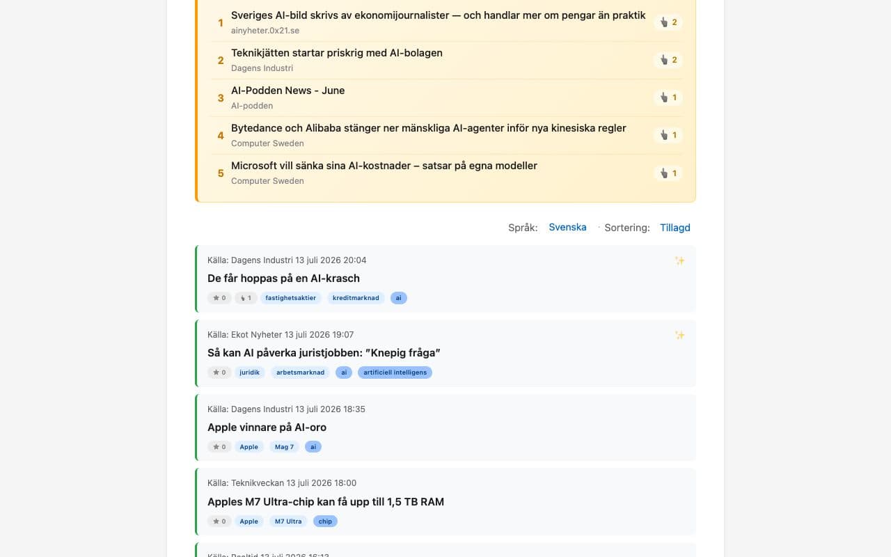 Skärmdump av AI-Nyheter Sverige